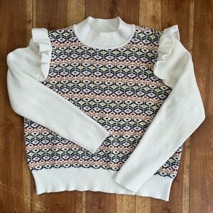 LOFT Mock Neck Multicolor Knit Sweater with Ruffled Sleeves